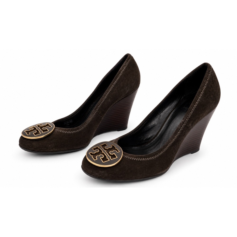 Tory Burch Sally Wedge Pumps Womens 9.5M Brown Excellent Suede Logo Medallion